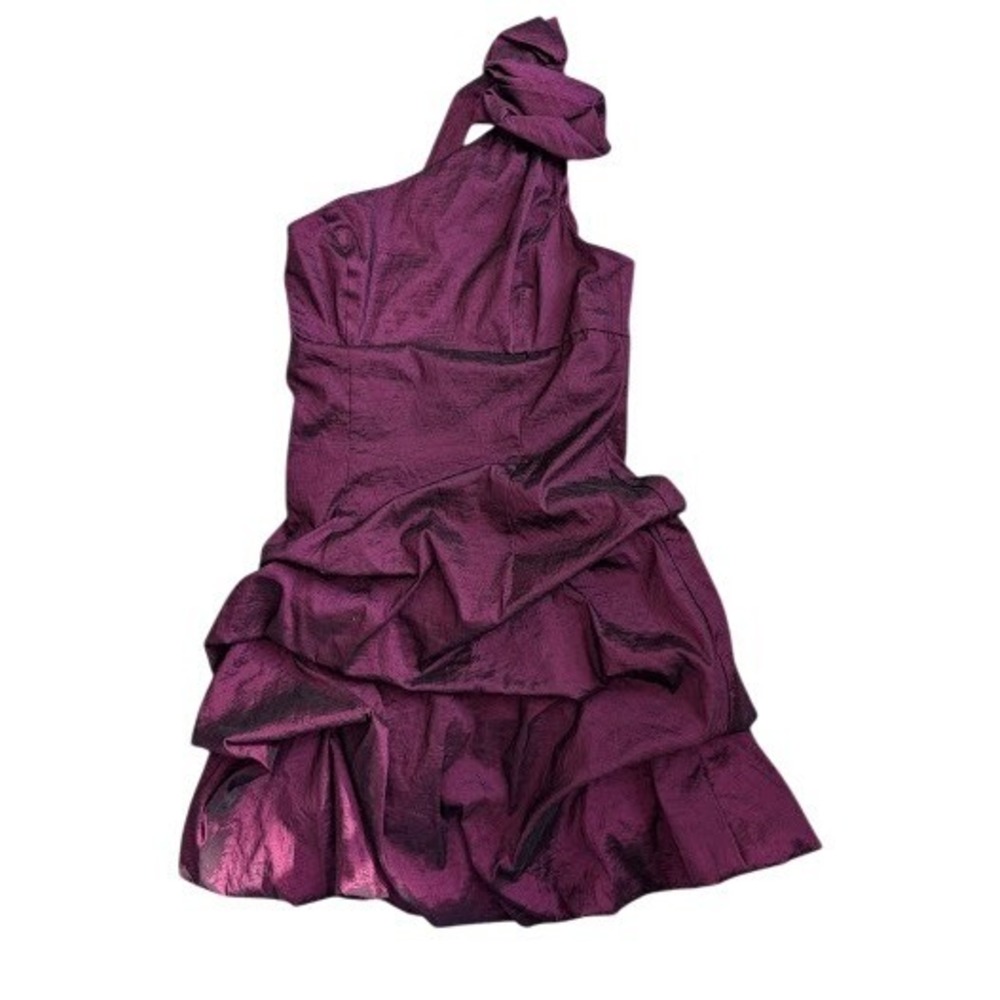 Cache‎ Womens One Shoulder Mini Dress 6 Purple Iridescent Ruched Party Prom 90s
